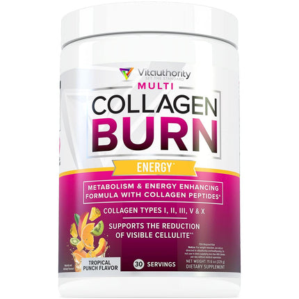 Vitauthority Multi Collagen Burn – 5 Types Collagen, Hyaluronic Acid, Vitamin C, SOD B Dimpless, Caffeine, Tropical Punch, 30 Servings