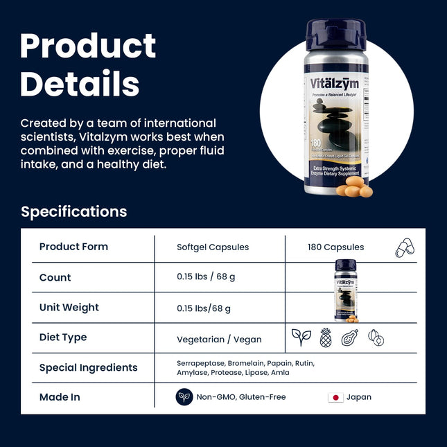 VITÄLZYM Proteolytic Systemic Enzymes Liquid Gel Capsules with Serrapeptase | Immune & Joint Support