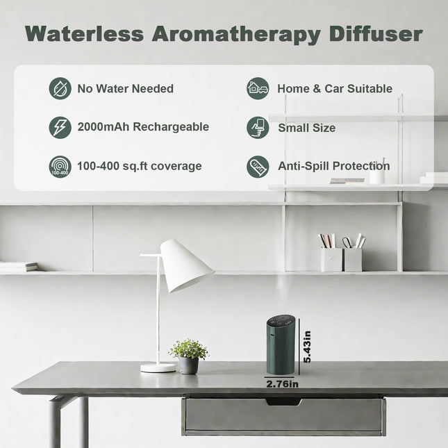 Waterless Essential Oil Diffuser with 4 Timer (1/3/6H & Off) & 3 Mist Levels | Rechargeable Portable Dark Green Aroma Diffuser