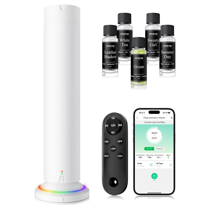 Waterless Scent Diffuser Kit – 5x20ml Essential Oils, App & Remote, Quiet Operation, Pet & Kid Friendly, Up to 1500 Sq Ft, White