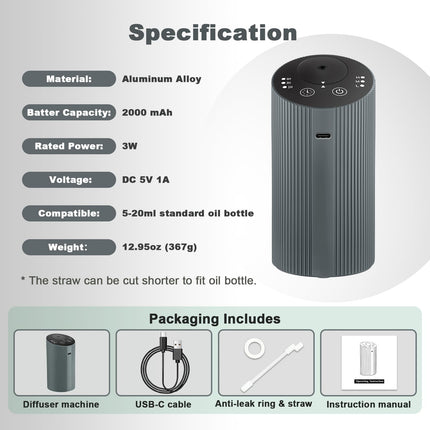 Waterless Essential Oil Diffuser – Portable Rechargeable Aroma Diffuser (4 Timers, 3 Mist Levels) Silver Grey