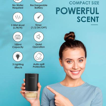 Waterless Essential Oil Diffuser Starter Kit – 30mL Fragrance Oil, Battery-Operated, Black AN9