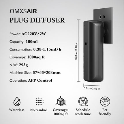 Waterless Wall Plug in Diffuser - Coverage 700 Sq.FT - Nanotechnology Plug in Scent Diffuser for Essential Oils- for Hotel and Home or Office - Smart Bluetooth APP Operation(Black)
