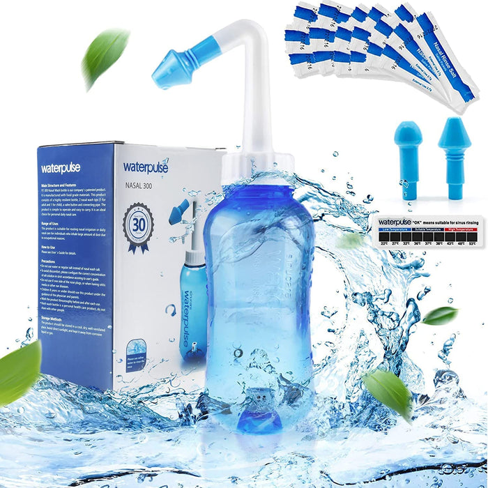 Waterpulse Neti Pot & Nasal Rinse Bottle — 300ml, 30 Salt Packets, Thermometer Sticker (Blue)