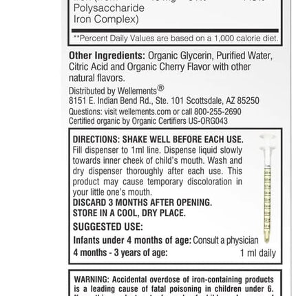 Wellements Organic Iron Drops for Newborns & Babies | Cherry Flavor Liquid Iron Supplement (1 oz)