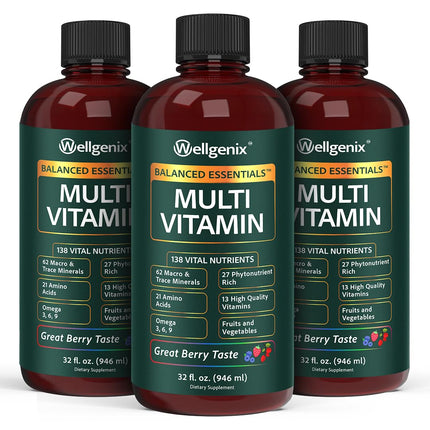 Wellgenix Balanced Essentials Plus Liquid Multivitamin — Berry Flavor, Daily 1oz Dose, Immune Support
