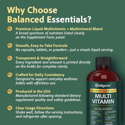 Wellgenix Balanced Essentials Plus Liquid Multivitamin — Berry Flavor, Daily 1oz Dose, Immune Support