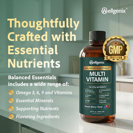 Wellgenix Balanced Essentials Plus Liquid Multivitamin — Berry Flavor, Daily 1oz Dose, Immune Support