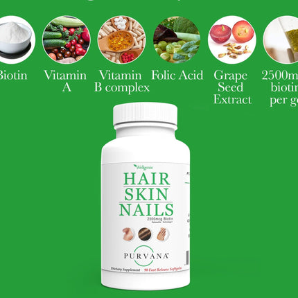 Wellgenix Purvana Hair, Skin, and Nails – One a Day Softgel (90 Count) 2500mcg Biotin