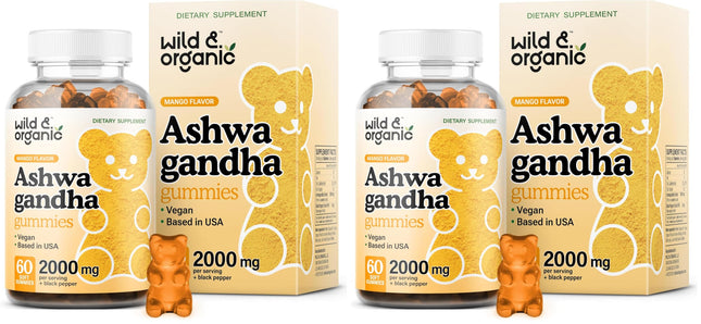 Wild & Organic Ashwagandha Gummies 2000mg – Mood Support Supplement (Pack of 2, 60 Vegan Chews)