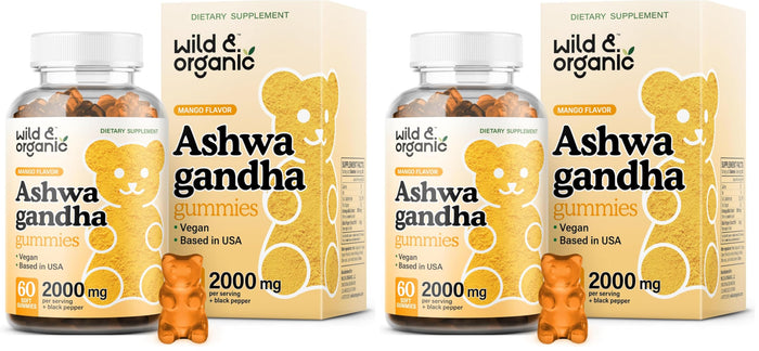 Wild & Organic Ashwagandha Gummies 2000mg – Mood Support Supplement (Pack of 2, 60 Vegan Chews)