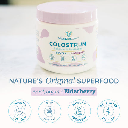 WONDERCOW Colostrum Powder for Gut Health, Immune Support & Recovery | Elderberry, 60 Servings