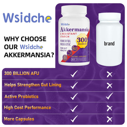 Wsidche 300 Billion AFU Akkermansia Probiotic | 3 Packs for Digestive & Gut Support