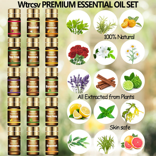 Wtrcsv Essential Oils Set – 15 Premium Blends for Diffusers & DIY