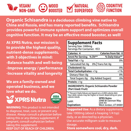 XPRS Nutra Organic Schisandra Berry Powder Extract | USDA Organic, Cognition & Immunity (16 oz)