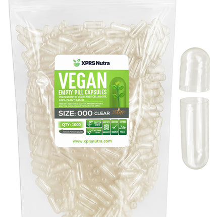XPRS Nutra Vegan Size 000 Empty Capsules – 1000 Count Clear Veggie Capsules for DIY Filling