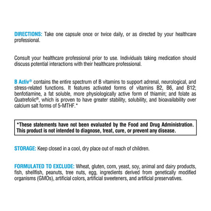 XYMOGEN B Activ Vitamin B Complex – Benfotiamine, Methylfolate & Methylcobalamin (180 Capsules) – Energy & Mood Support