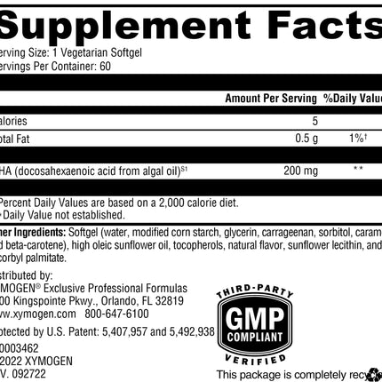 XYMOGEN DHA from Algae – DHA Omega-3 for Brain, Eyes, Heart & Immune Health (60 Softgels)