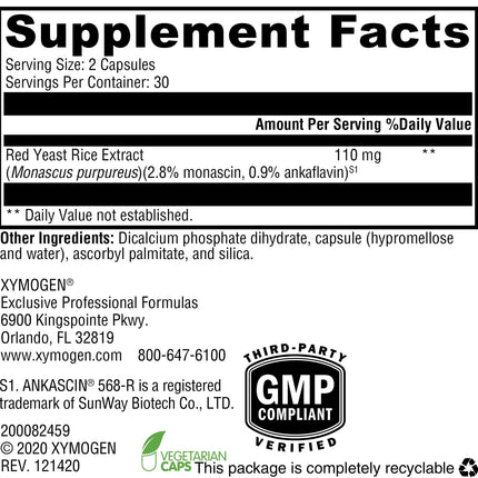 XYMOGEN Red Yeast Rice - Non-GMO, Citrinin-Free Cardiovascular Support (60 Capsules)
