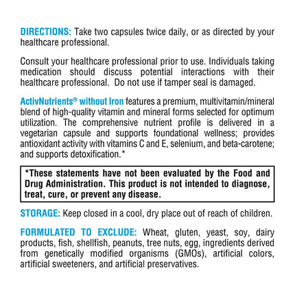 XYMOGEN ActivNutrients Without Iron — Multivitamin & Mineral Blend for Wellness, Immune, Energy & Mood (120 Capsules)