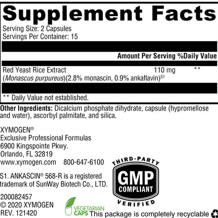 XYMOGEN Red Yeast Rice - Non-GMO Red Yeast Rice Supplement to Help Maintain Already Healthy Blood Lipid + Cholesterol Levels - Cardiovascular Support - Tested Citrinin-Free (30 Capsules)