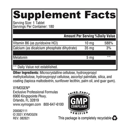 XYMOGEN Melatonin CR – 5 mg Time Release Melatonin with Vitamin B6 | Nighttime Support | 180 Tablets
