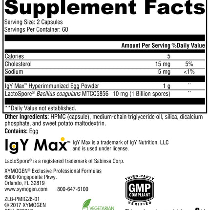 XYMOGEN ProbioMax IG 26 Probiotic + IgY Max Immunoglobulins (120 Capsules)