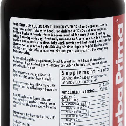 Yerba Prima Psyllium Husks Caps – Pack of 4 (4×180 caps) | Non-GMO Gluten Free Fiber Supplement
