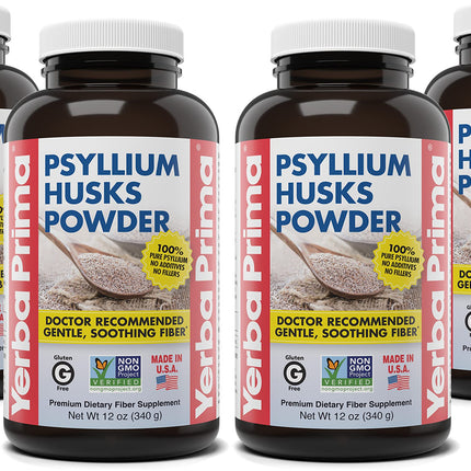 Yerba Prima Psyllium Husks Powder - 4 x 12 oz Pack (New Label) - Natural Fiber for Regularity & Gut Health