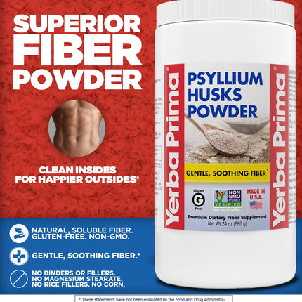 Yerba Prima Psyllium Husks Powder - 24 oz (Pack of 2) Unflavored, Fine Ground, Natural Fiber Supplement