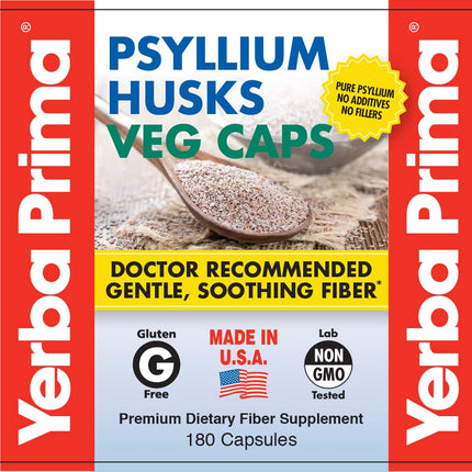 Yerba Prima Psyllium Husks Veg Caps – 4x180 Count | Vegan, Gluten Free, Non-GMO Fiber