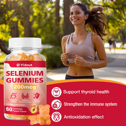 Yidout Selenium Thyroid Support Gummies 200mcg – Peach Flavor, Energy Booster for Women & Men | 60 Count (Pack of 2)