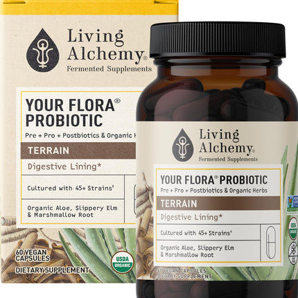 Your Flora Probiotic Terrain – Non-GMO Probiotics with Fermented Soybean, Aloe Vera, & Slippery Elm for Gut Balance & Digestion | Living Alchemy, 60 Pcs