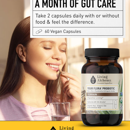 Your Flora Probiotic Terrain – Non-GMO Probiotics with Fermented Soybean, Aloe Vera, & Slippery Elm for Gut Balance & Digestion | Living Alchemy, 60 Pcs