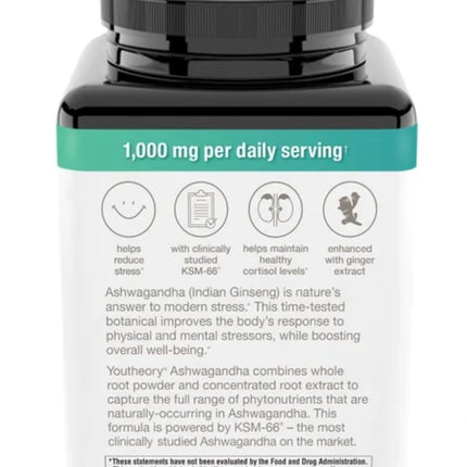 Youtheory Ashwagandha 1000mg with KSM-66 – 180 Caps | Stress Support