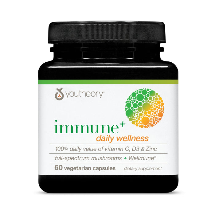 Youtheory Immune+ Daily Wellness – Vegetarian Immune Support (Vitamin C, D3, Zinc) 60 Veg Caps