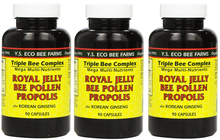 Y.S. Eco Bee Farms 3-Pack Royal Jelly, Bee Pollen, Propolis, Korean Ginseng - 90 Capsules