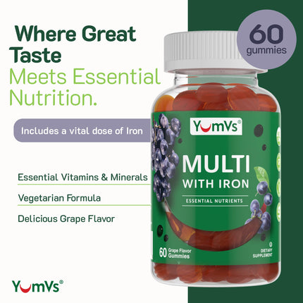 YUM-V'S Iron Gummies - Multivitamin with Iron, Vitamin C, A, B & Zinc | Grape Flavor | 60 Count