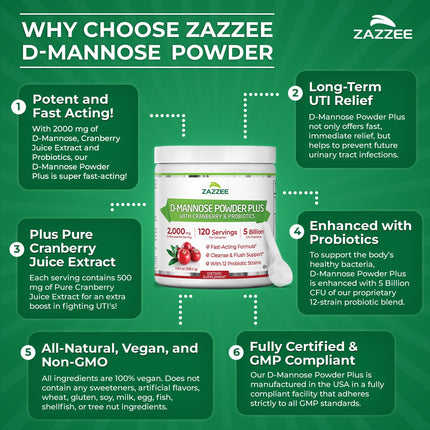 Zazzee D-Mannose Powder Plus with Probiotics & Cranberry Juice Extract | 2000 mg, 120 Servings
