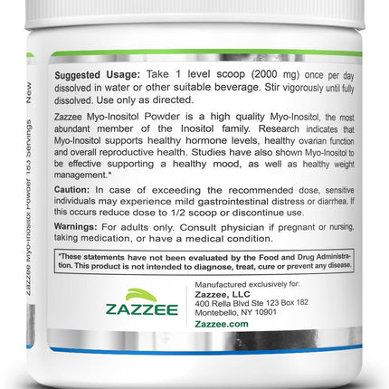 Zazzee Myo-Inositol Powder – 6 Month Supply, 183 Servings, 2000 mg per Serving, Free Scoop, Vegan & Non-GMO