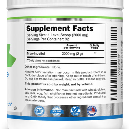 Zazzee Myo-Inositol Powder – 6 Month Supply, 183 Servings, 2000 mg per Serving, Free Scoop, Vegan & Non-GMO