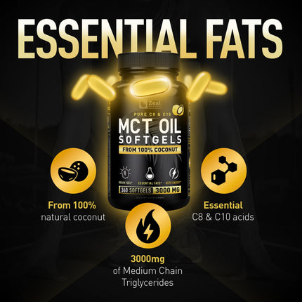 Zeal Naturals Pure MCT Oil Capsules - 3000mg, 360 Softgels | C8/C10 MCT from Coconut | Energy Support & Focus | Gluten-Free