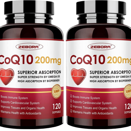 ZEBORA CoQ10-200mg Softgels with PQQ, BioPerine & Omega-3 — Pack of 2