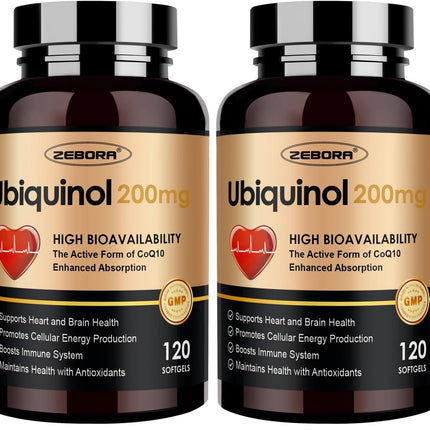 ZEBORA Ubiquinol CoQ10 200mg Softgels – 4-in-1 Antioxidant with Max Absorption (Pack of 2)