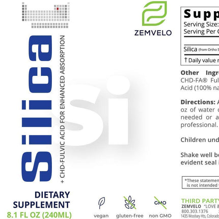 Zemvelo Liquid Ionic Silica - Hair, Skin & Nails Nutrition | Collagen & Joint Support | 8 oz