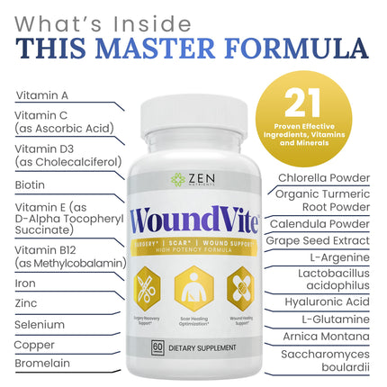 Zen Nutrients WoundVite Pre & Post Surgery Support – Scar & Wound Care (60 Vegan Caps)