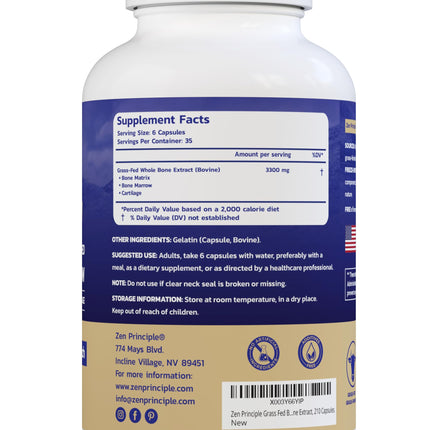 Zen Principle Grass-Fed Beef Bone Marrow Supplement – 210 Capsules