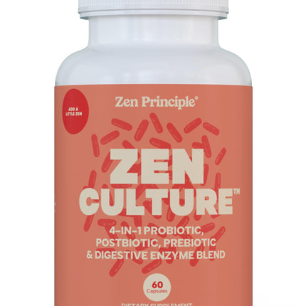 Zen Principle Zenculture™ – 4-in-1 Synbiotic Supplement (Probiotic + Prebiotic + Postbiotic + Digestive Enzymes) with CoreBiome® • 60 Capsules