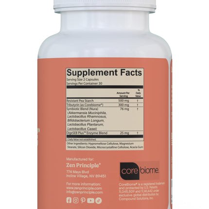 Zen Principle Zenculture™ – 4-in-1 Synbiotic Supplement (Probiotic + Prebiotic + Postbiotic + Digestive Enzymes) with CoreBiome® • 60 Capsules