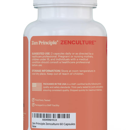 Zen Principle Zenculture™ – 4-in-1 Synbiotic Supplement (Probiotic + Prebiotic + Postbiotic + Digestive Enzymes) with CoreBiome® • 60 Capsules